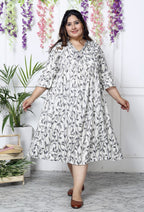 Plus Size White Cotton Blend Flared Frock Style-600006