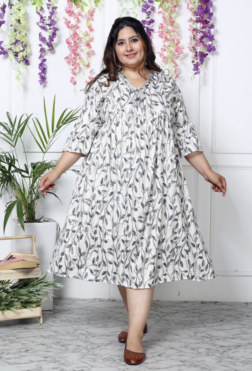 Plus Size White Cotton Blend Flared Frock Style-600006 Secondary image