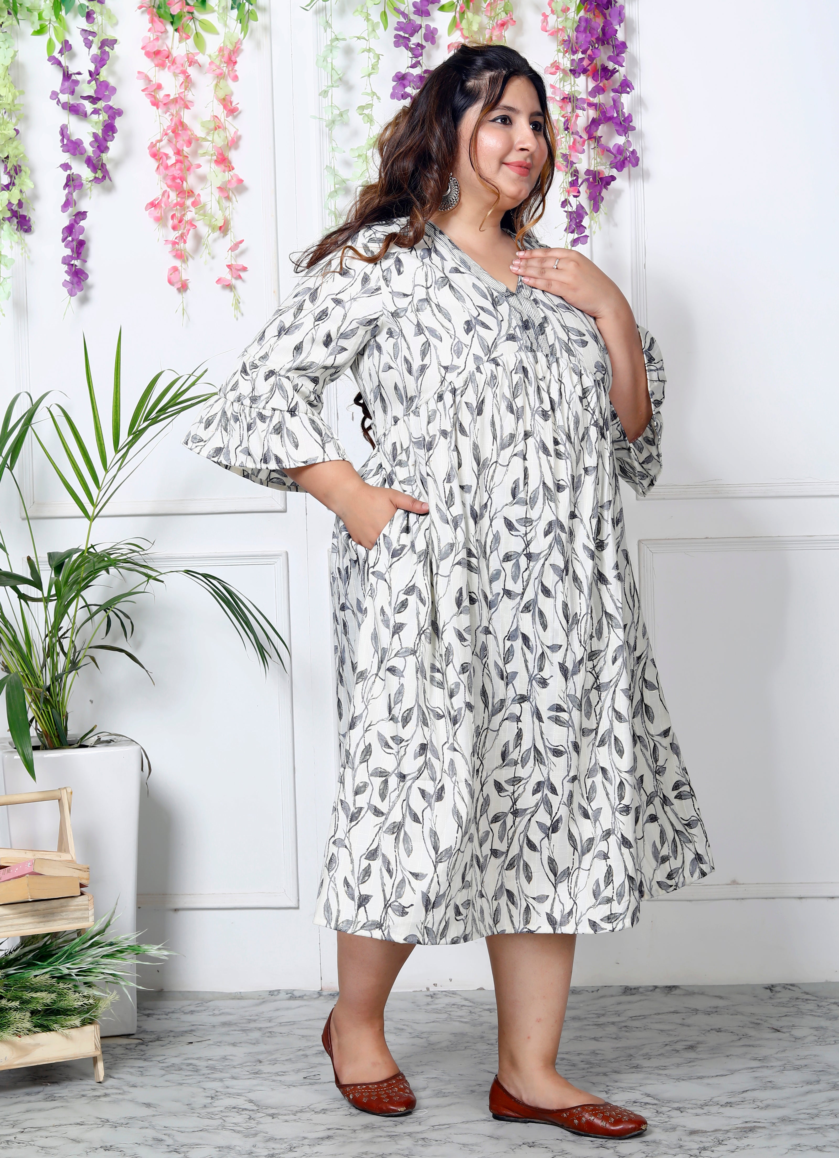 Plus Size White Cotton Blend Flared Frock Style