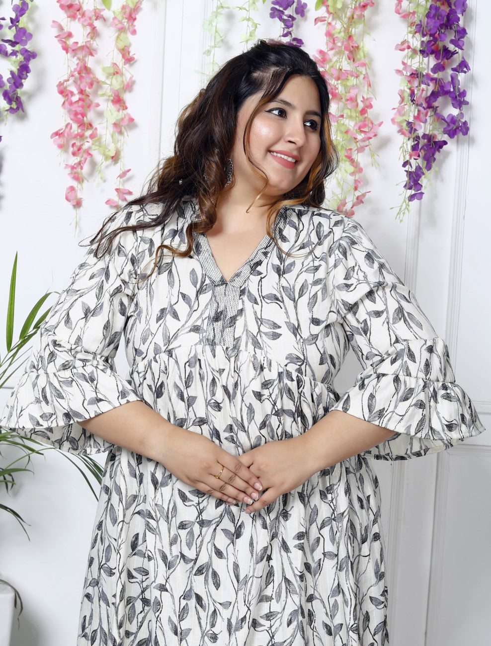 Plus Size White Cotton Blend Flared Frock Style-600006