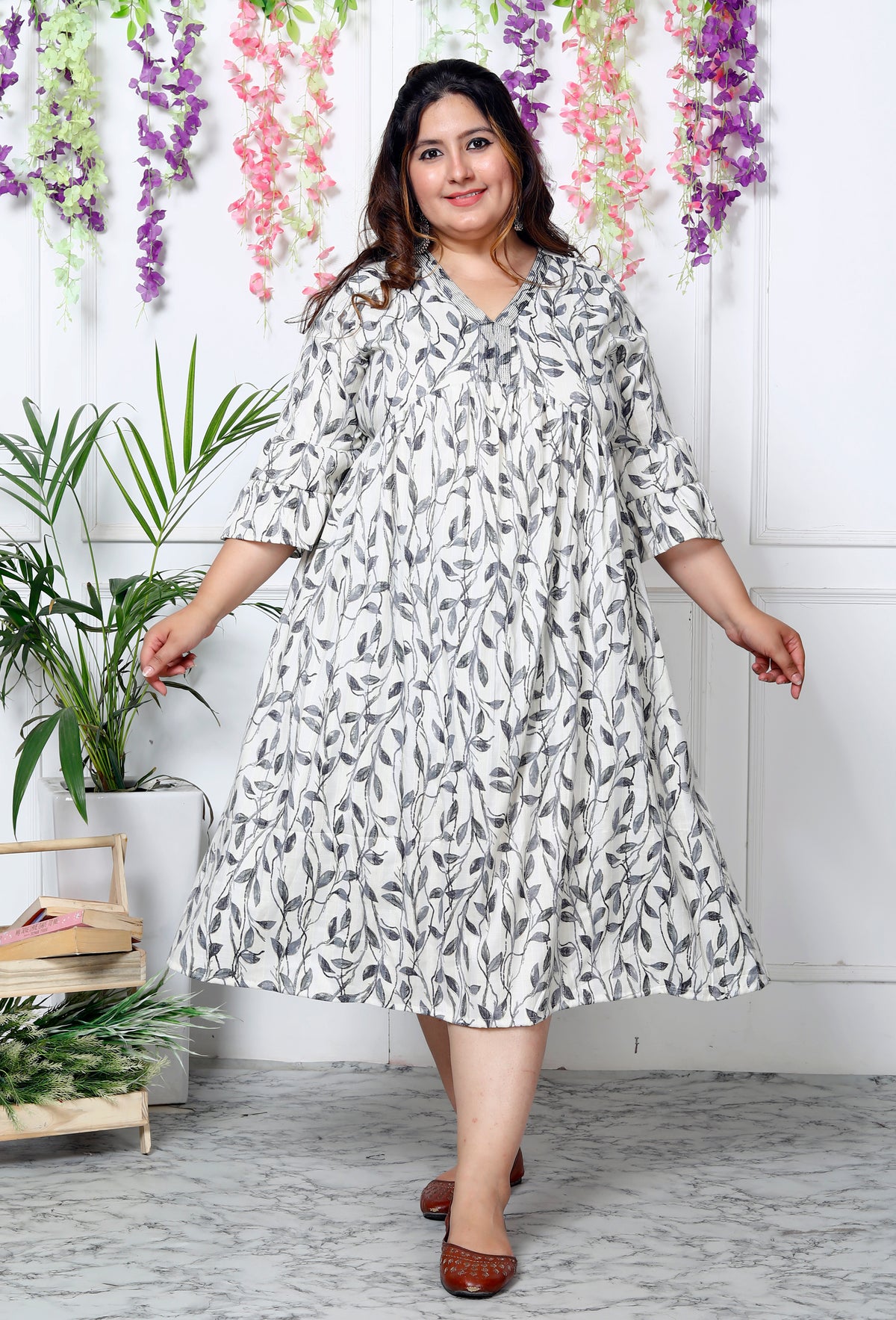 White Cotton Blend Flared Frock Style-600006
