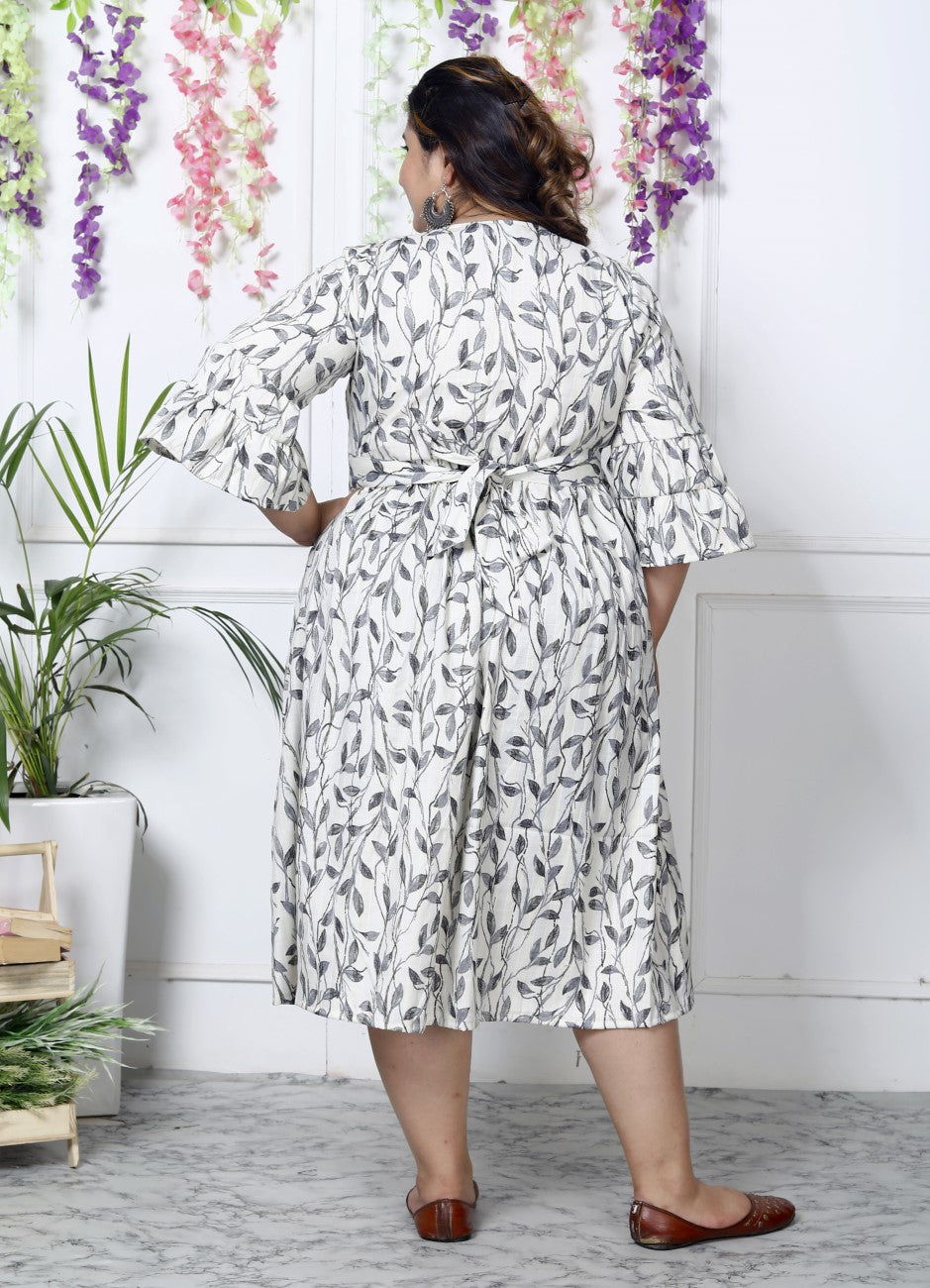 Plus Size White Cotton Blend Flared Frock Style-600006