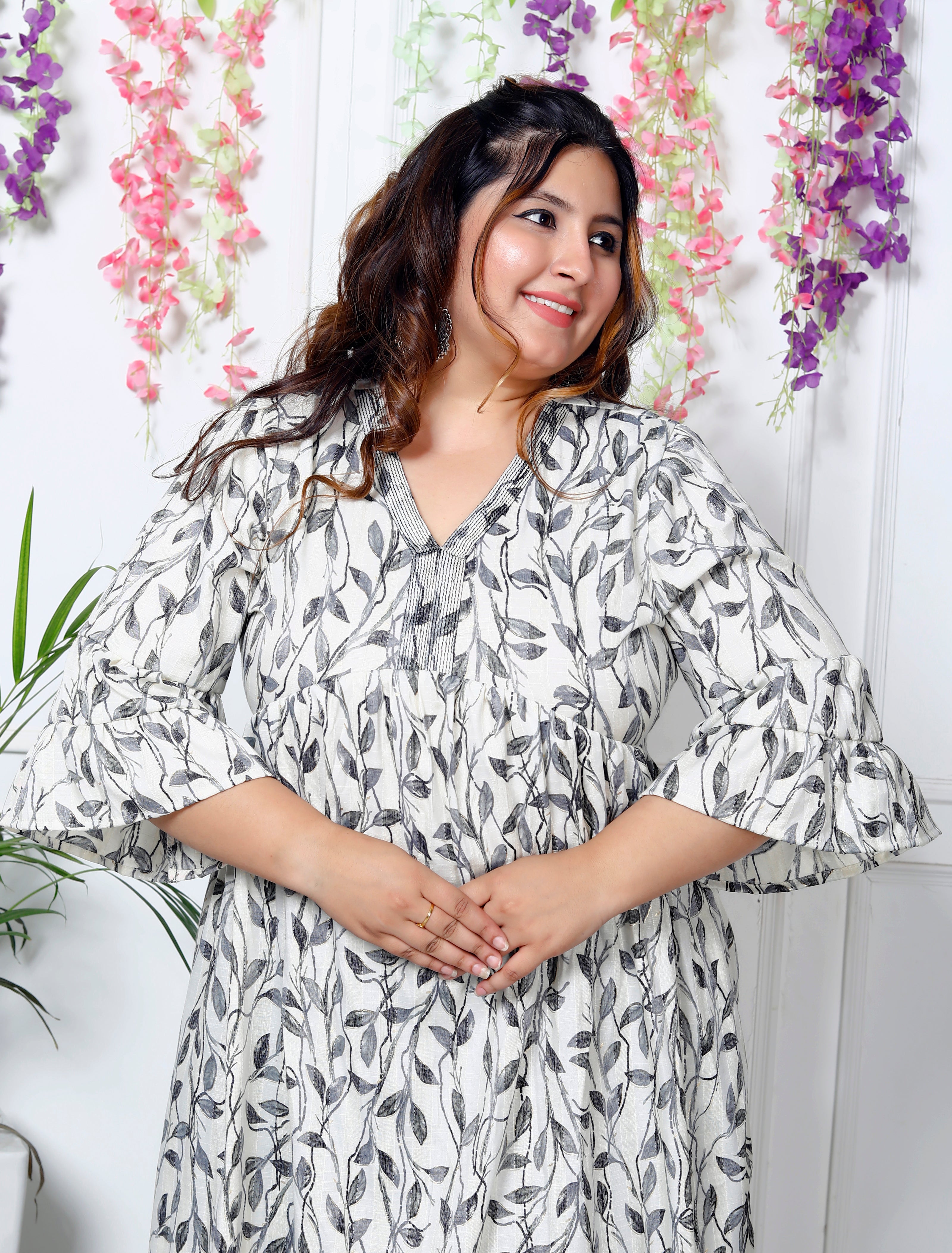 Plus Size White Cotton Blend Flared Frock Style-600006