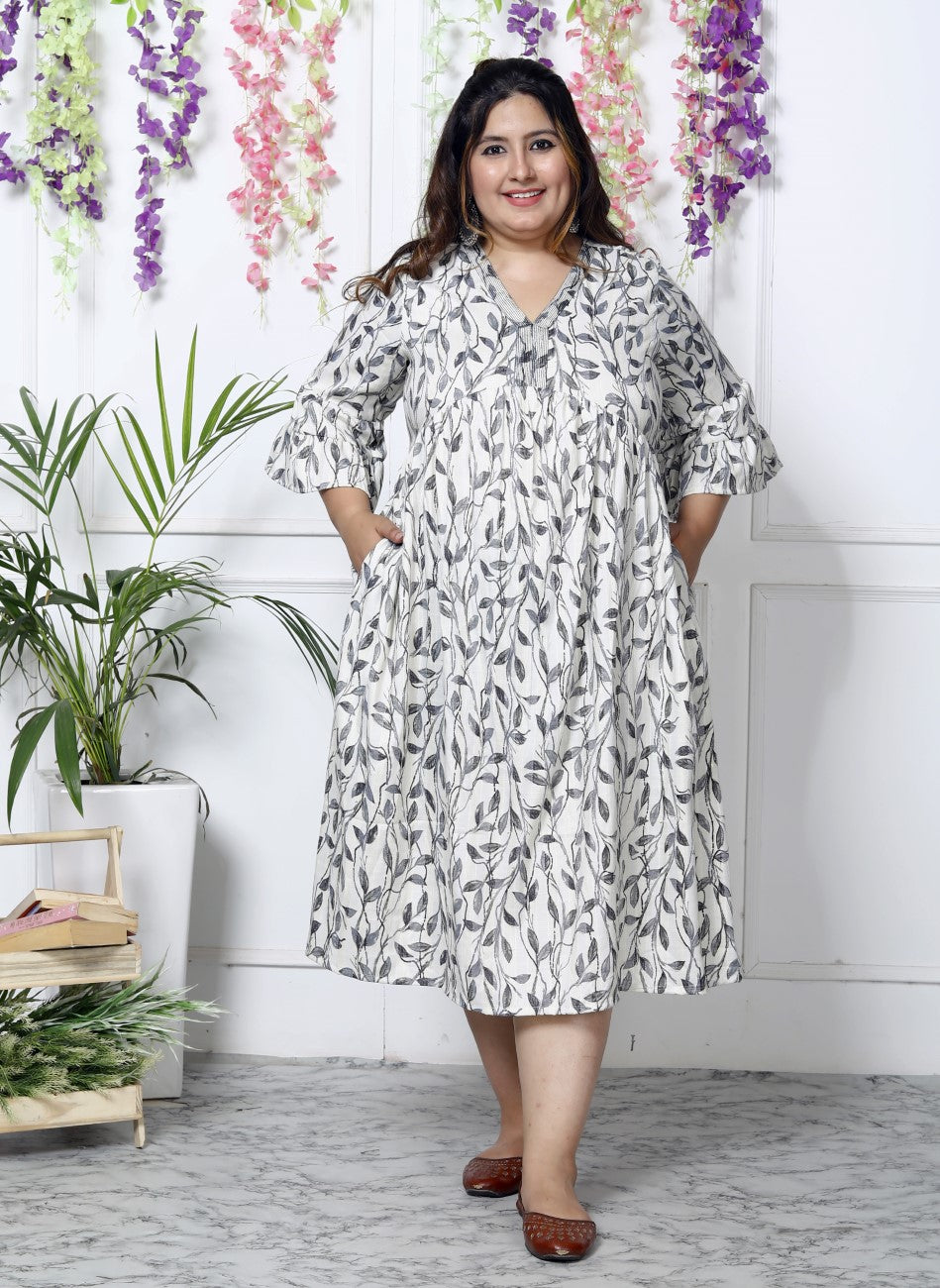 Plus Size White Cotton Blend Flared Frock Style-600006