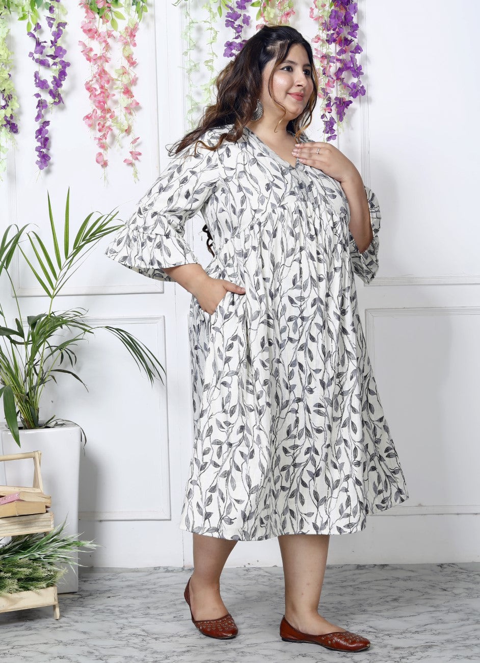 Plus Size White Cotton Blend Flared Frock Style-600006