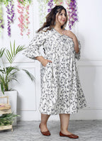 Plus Size White Cotton Blend Flared Frock Style-600006