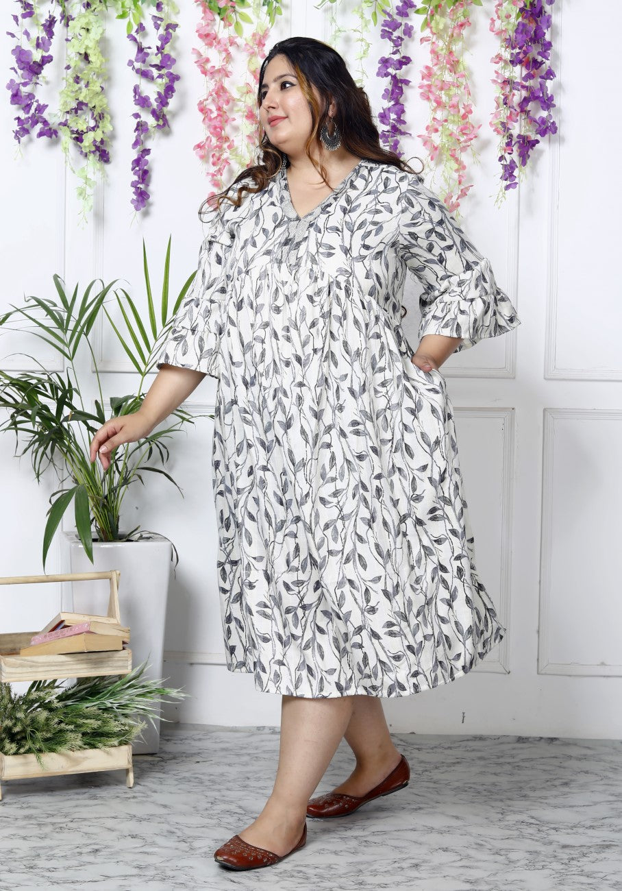 Plus Size White Cotton Blend Flared Frock Style-600006