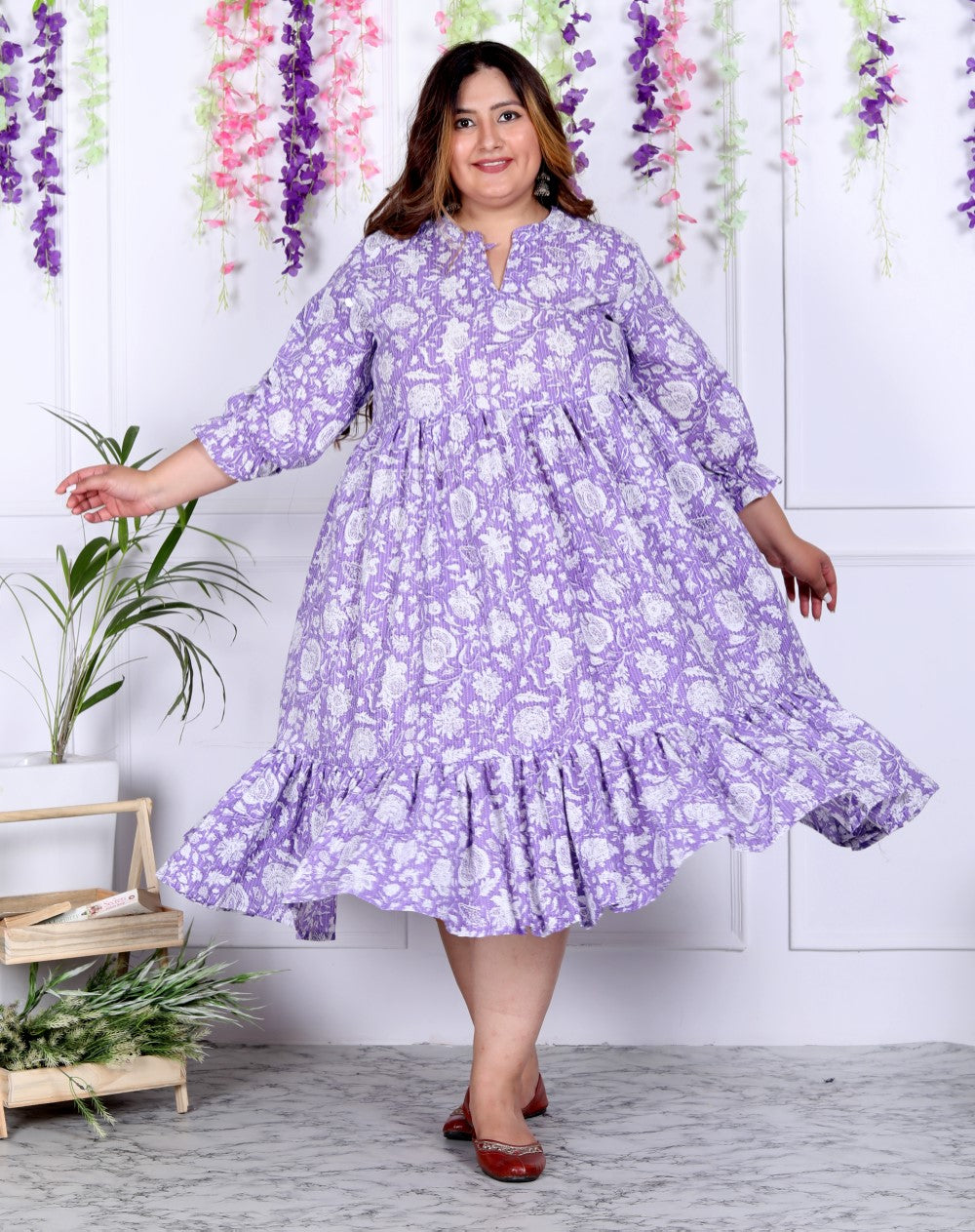 Plus Size Purple Cotton  Flared Frock Style-600007 Secondary image