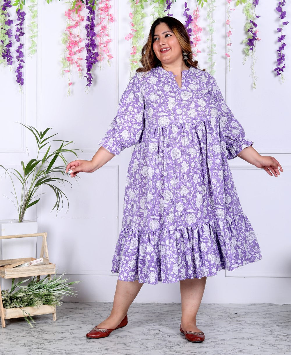 Plus Size Purple Cotton  Flared Frock Style-600007