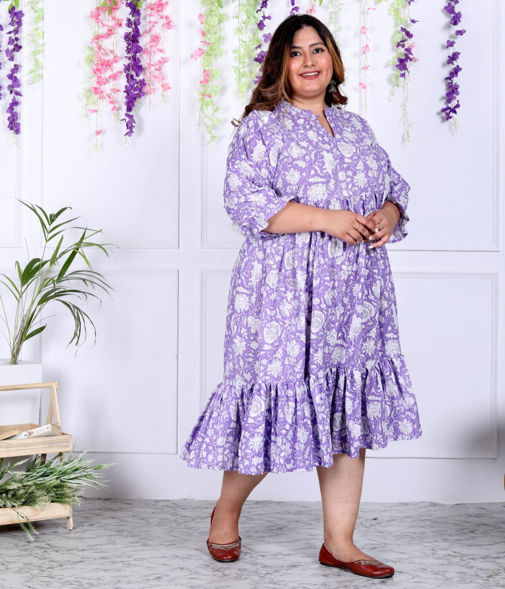 Plus Size Purple Cotton  Flared Frock Style-600007