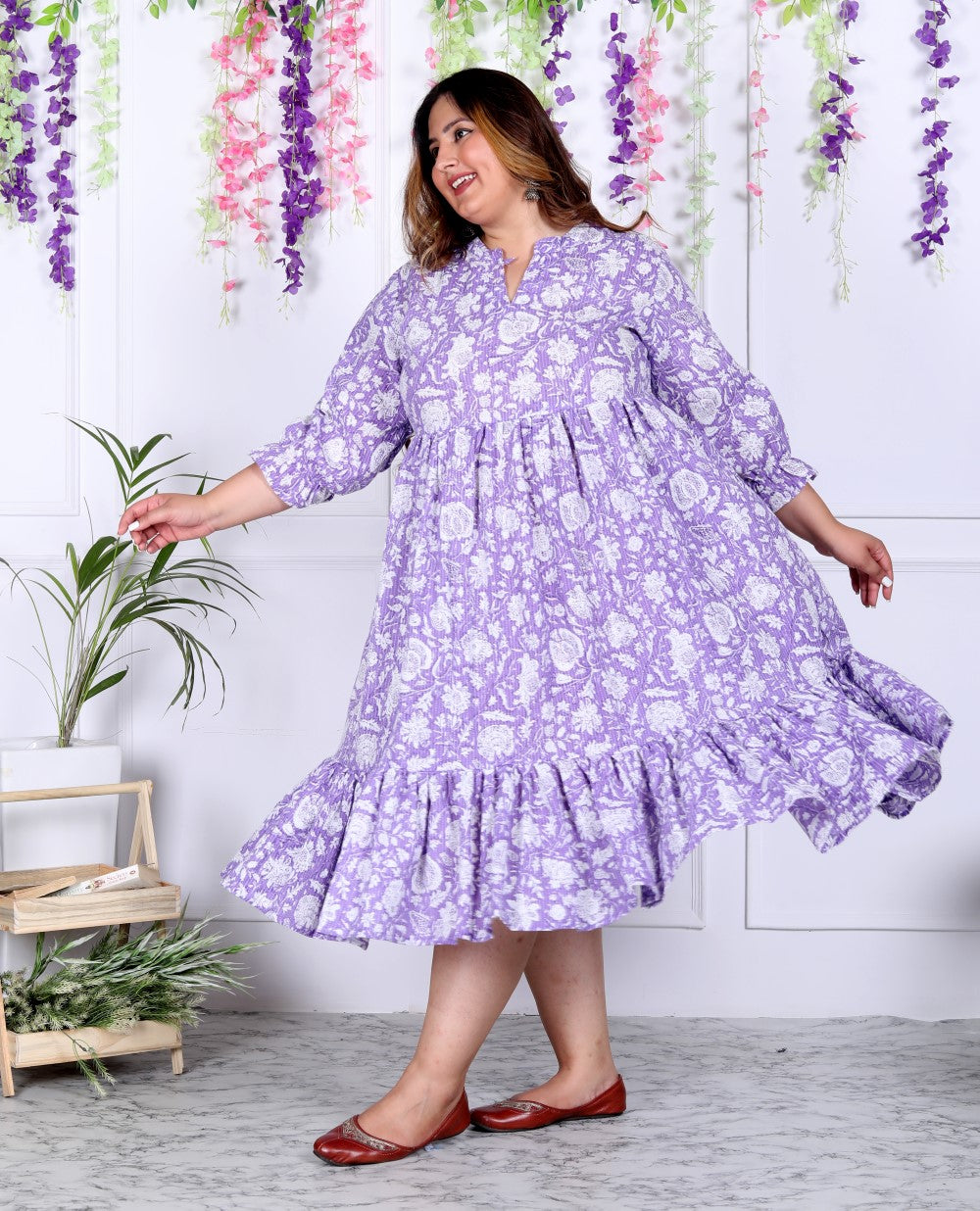 Plus Size Purple Cotton  Flared Frock Style-600007