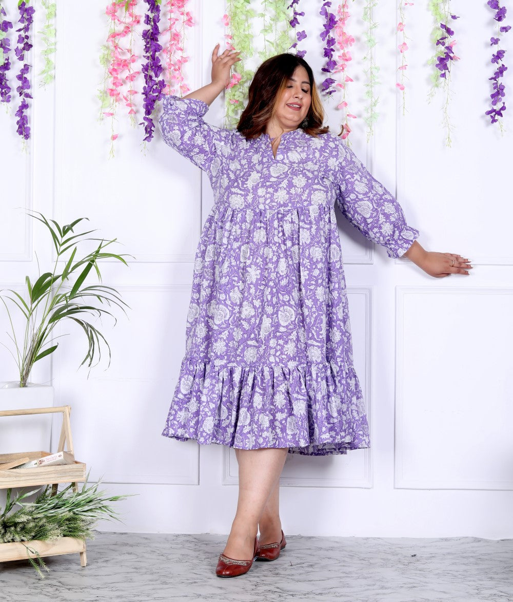 Plus Size Purple Cotton  Flared Frock Style-600007