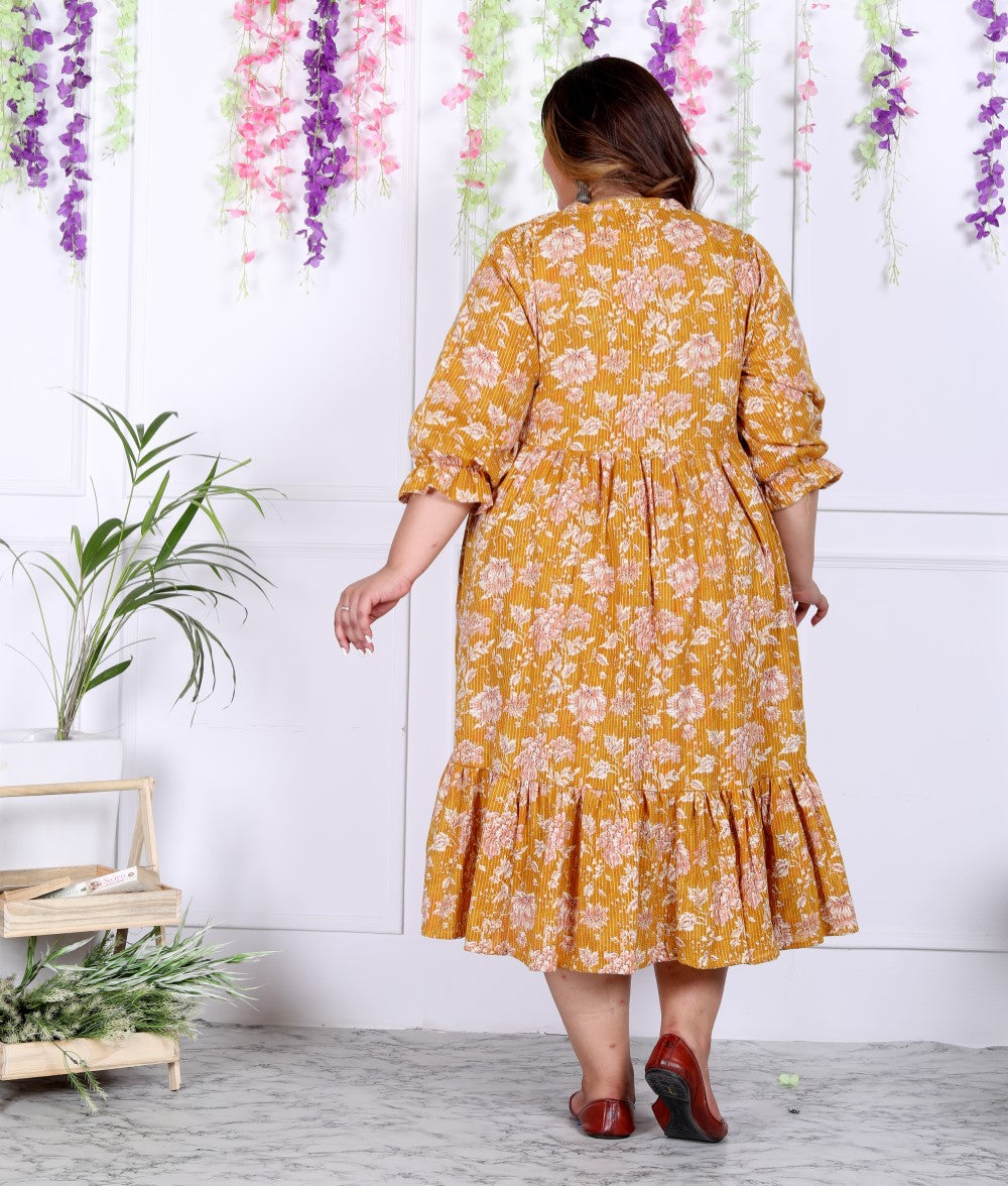 Plus Size Yellow Cotton  Flared Frock Style-600008