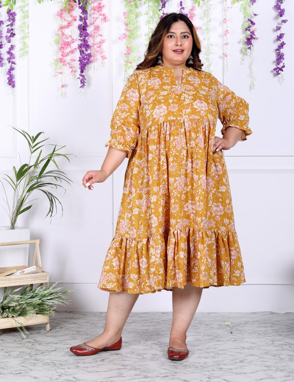 Plus Size Yellow Cotton  Flared Frock Style-600008