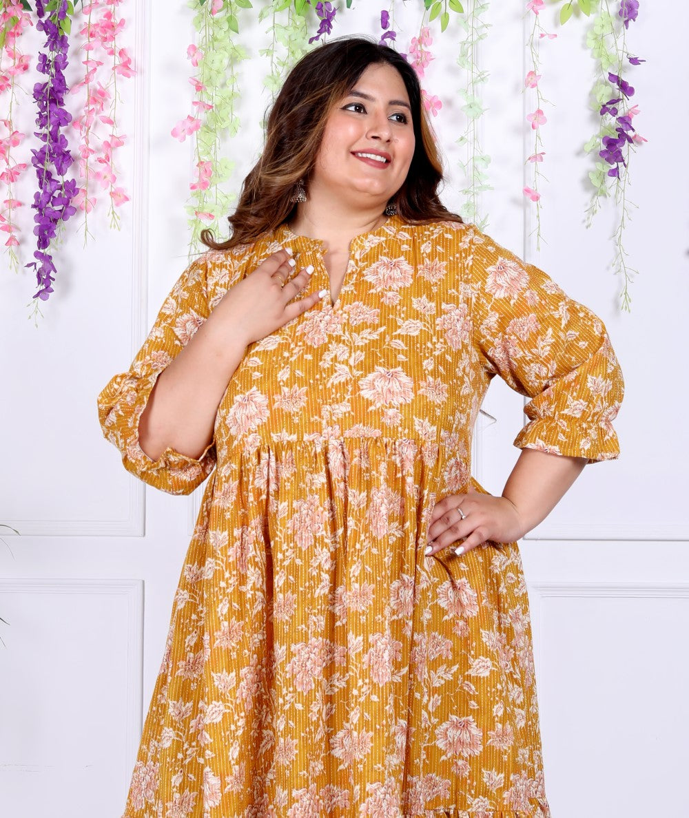 Plus Size Yellow Cotton  Flared Frock Style-600008