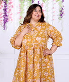 Plus Size Yellow Cotton  Flared Frock Style-600008