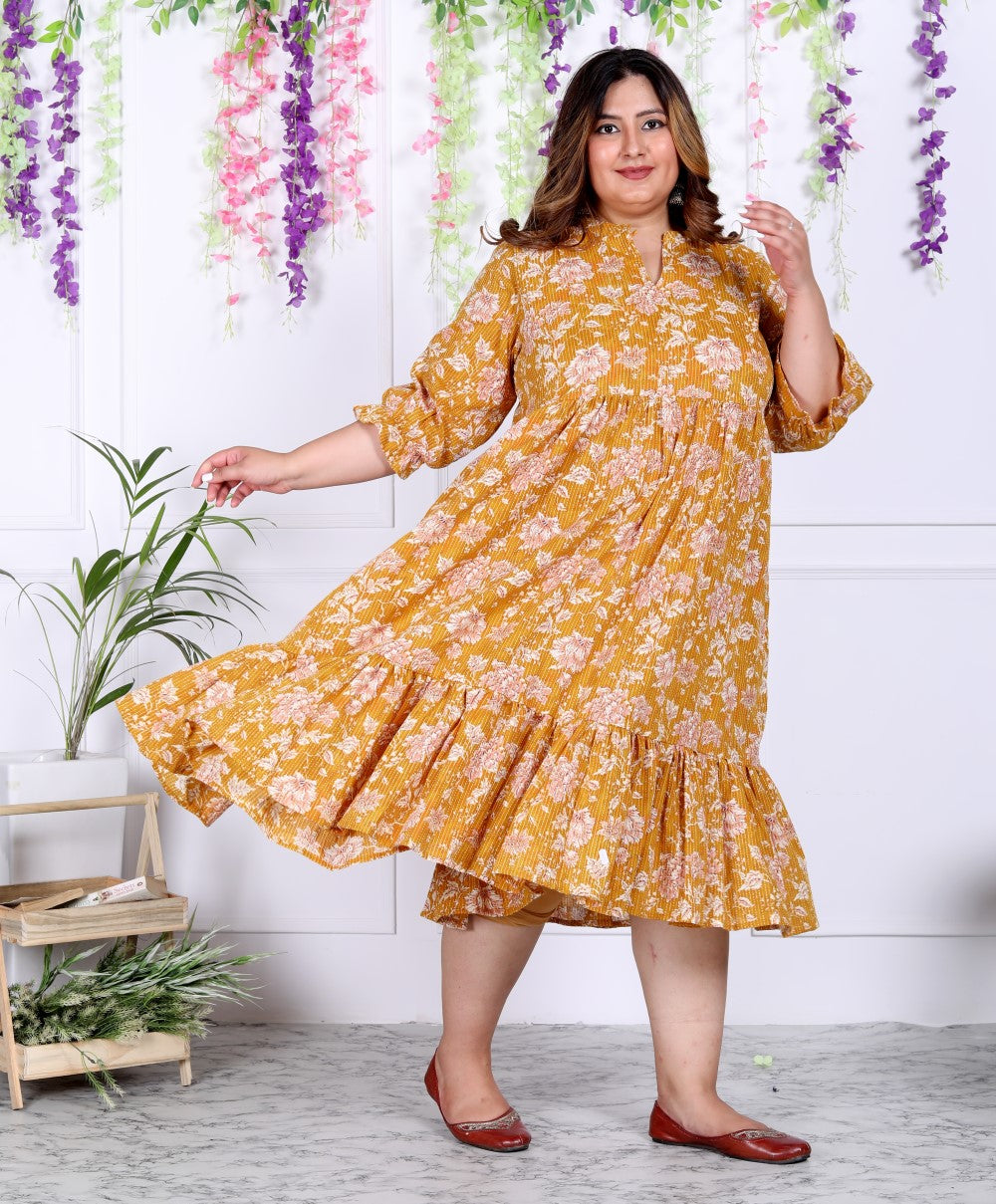 Plus Size Yellow Cotton  Flared Frock Style-600008