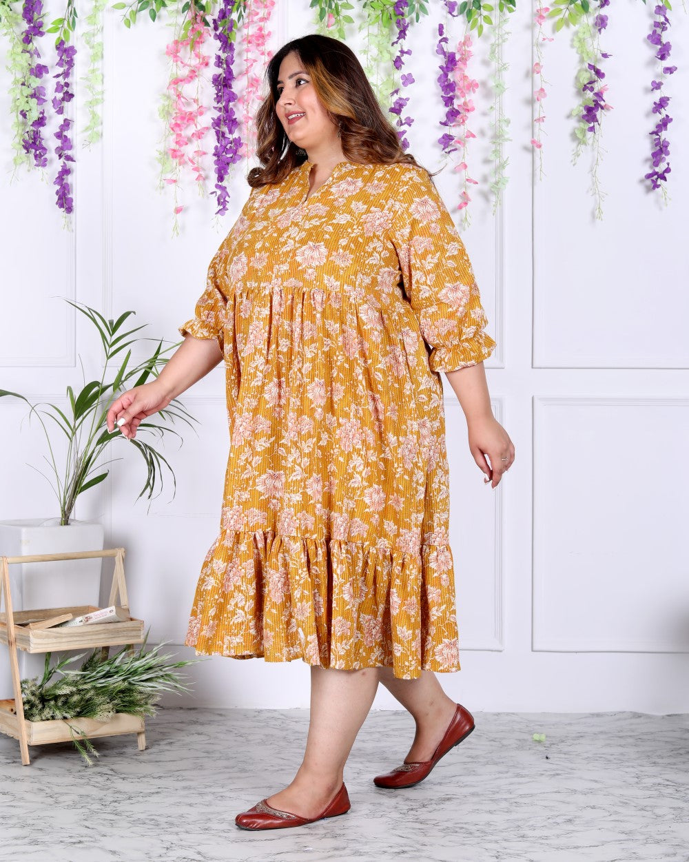 Plus Size Yellow Cotton  Flared Frock Style-600008