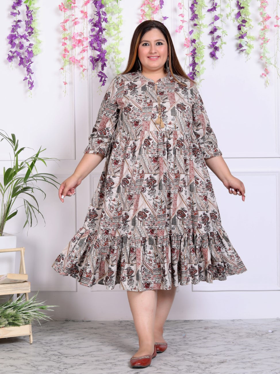 Plus Size Beige Cotton Blend Floral Print Flared Frock Style-600009 Secondary image