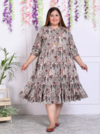 Plus Size Beige Cotton Blend Floral Print Flared Frock Style-600009