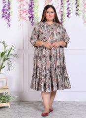 Plus Size Beige Cotton Blend Floral Print Flared Frock Style-600009