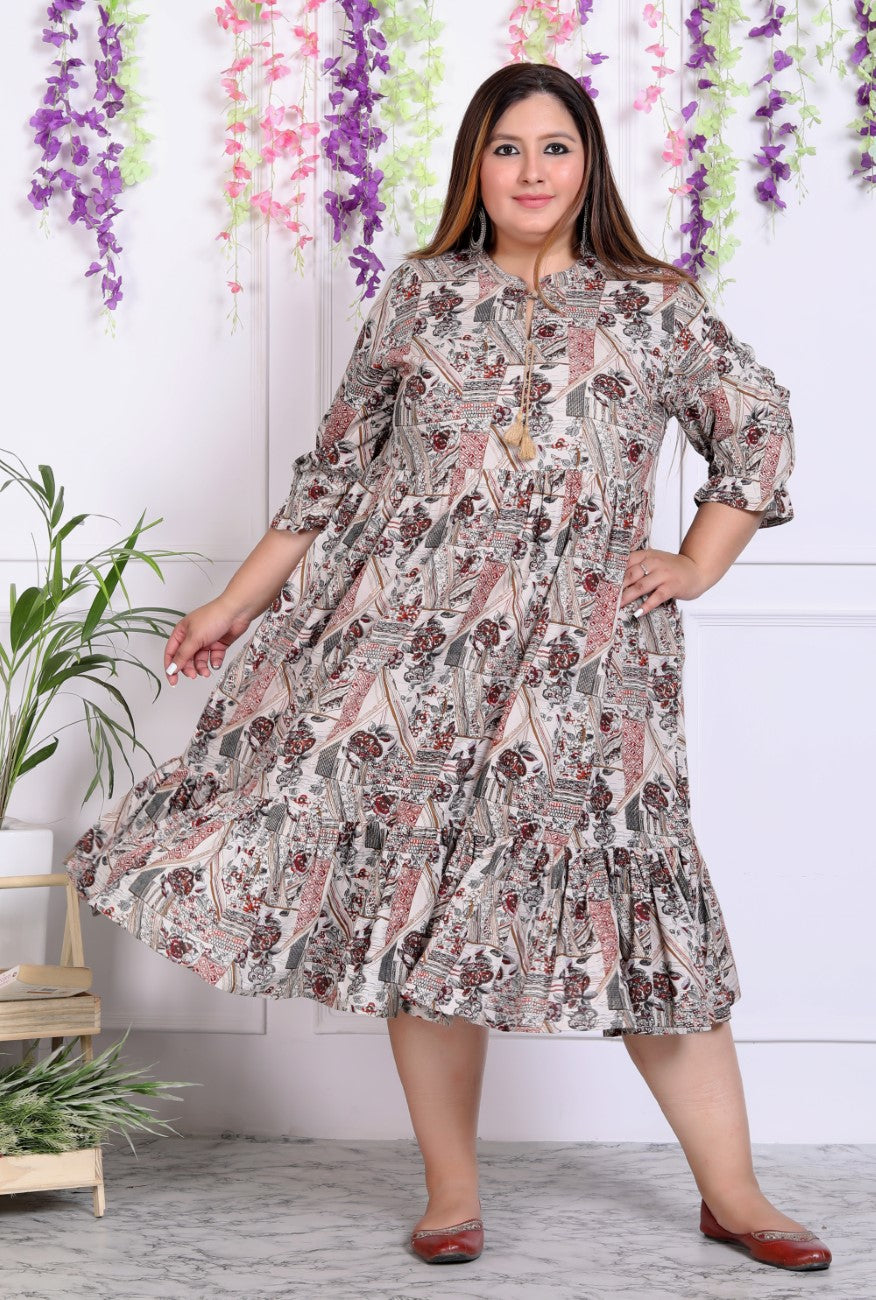 Plus Size Beige Cotton Blend Floral Print Flared Frock Style-600009