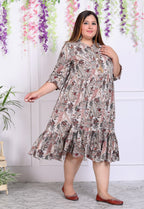 Plus Size Beige Cotton Blend Floral Print Flared Frock Style-600009