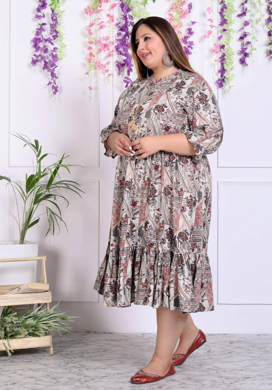 Plus Size Beige Cotton Blend Floral Print Flared Frock Style-600009