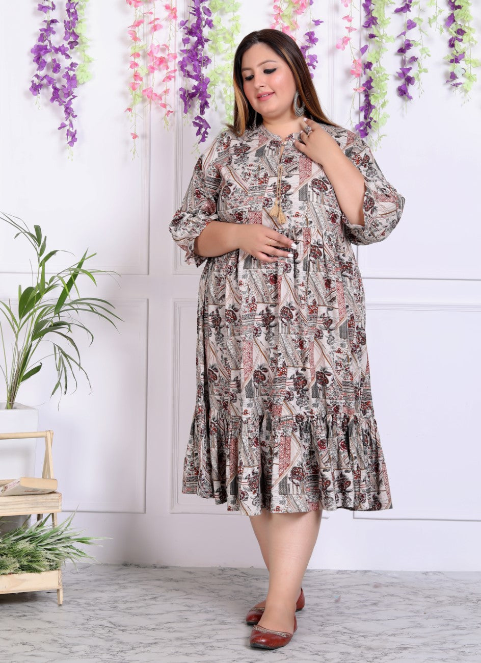 Plus Size Beige Cotton Blend Floral Print Flared Frock Style-600009