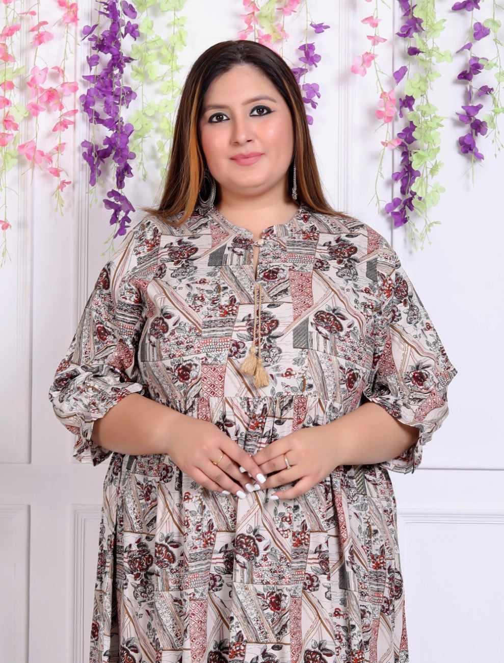 Plus Size Beige Cotton Blend Floral Print Flared Frock Style-600009