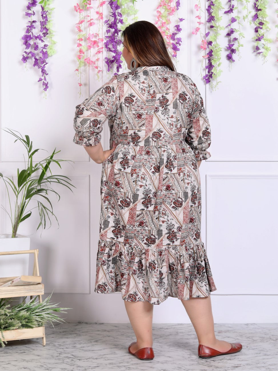 Plus Size Beige Cotton Blend Floral Print Flared Frock Style-600009