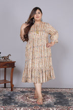 Plus Size Yellow Cotton Blend Flared Frock Style -600010