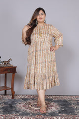 Plus Size Yellow Cotton Blend Flared Frock Style -600010