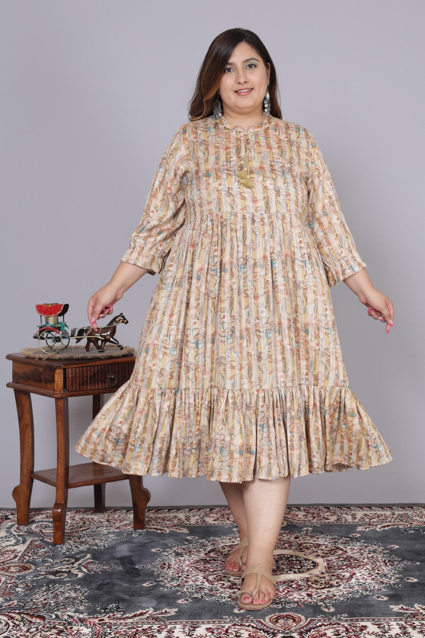 Plus Size Yellow Cotton Blend Flared Frock Style -600010
