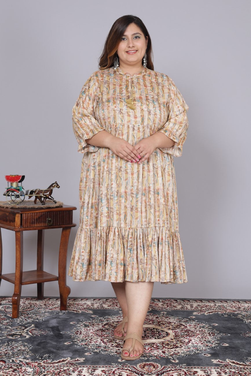 Plus Size Yellow Cotton Blend Flared Frock Style -600010
