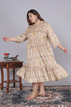 Plus Size Yellow Cotton Blend Flared Frock Style -600010