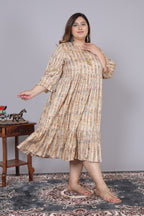 Plus Size Yellow Cotton Blend Flared Frock Style -600010