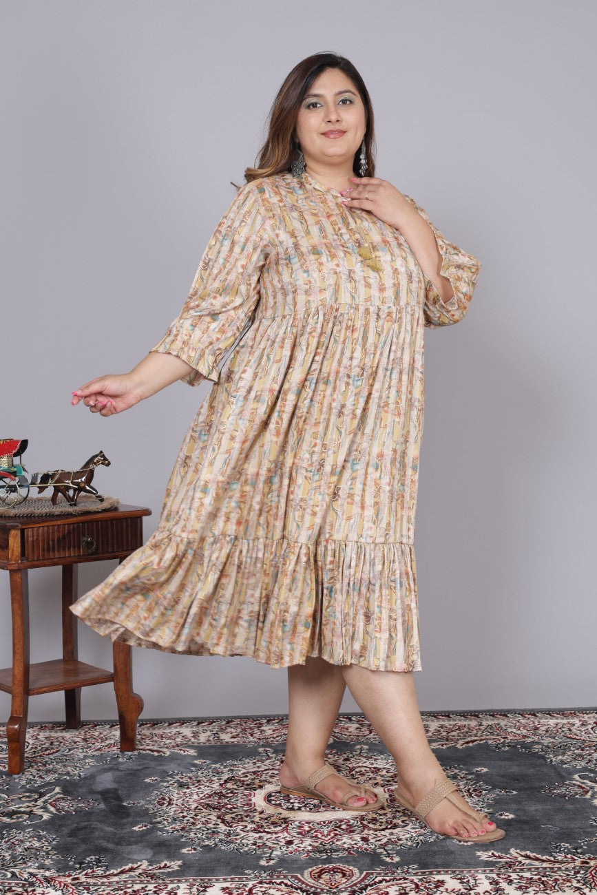 Plus Size Yellow Cotton Blend Flared Frock Style -600010