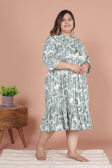 Plus Size Green Cotton Blend Flared Frock Style -600011