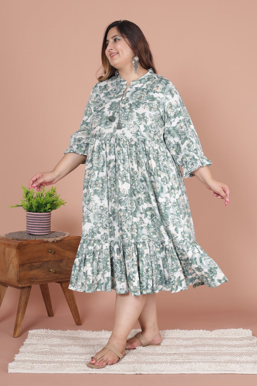 Plus Size Green Cotton Blend Flared Frock Style -600011