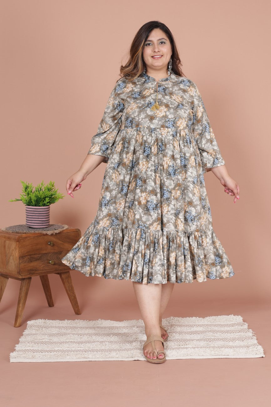 Plus Size Grey Cotton Blend Flared Frock Style -600012 Main image