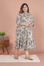 Plus Size Grey Cotton Blend Flared Frock Style -600012