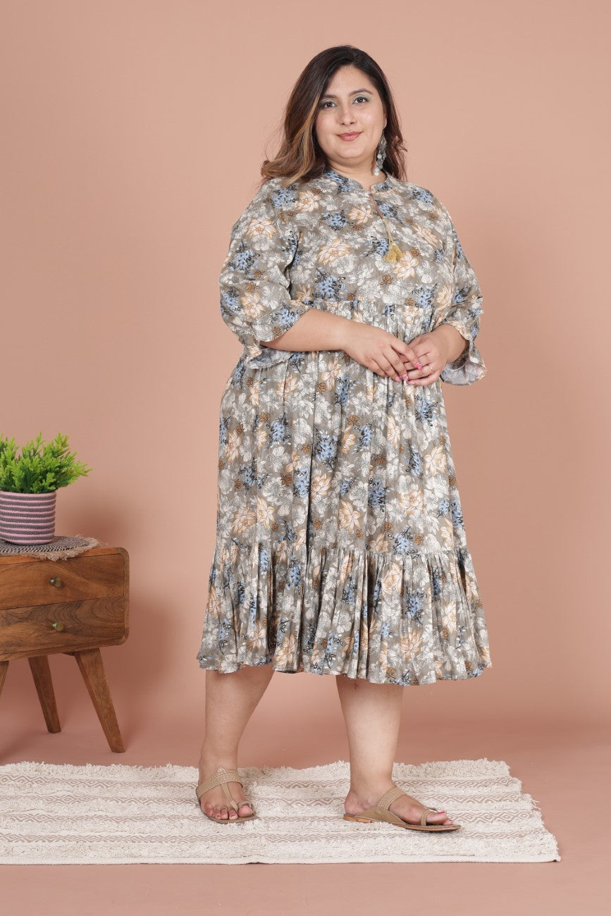 Plus Size Grey Cotton Blend Flared Frock Style -600012