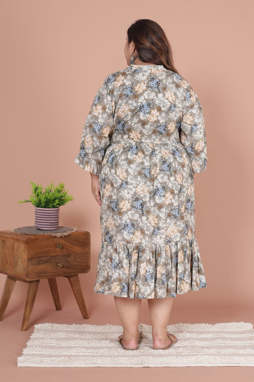 Plus Size Grey Cotton Blend Flared Frock Style -600012
