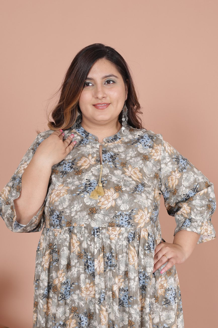Plus Size Grey Cotton Blend Flared Frock Style -600012