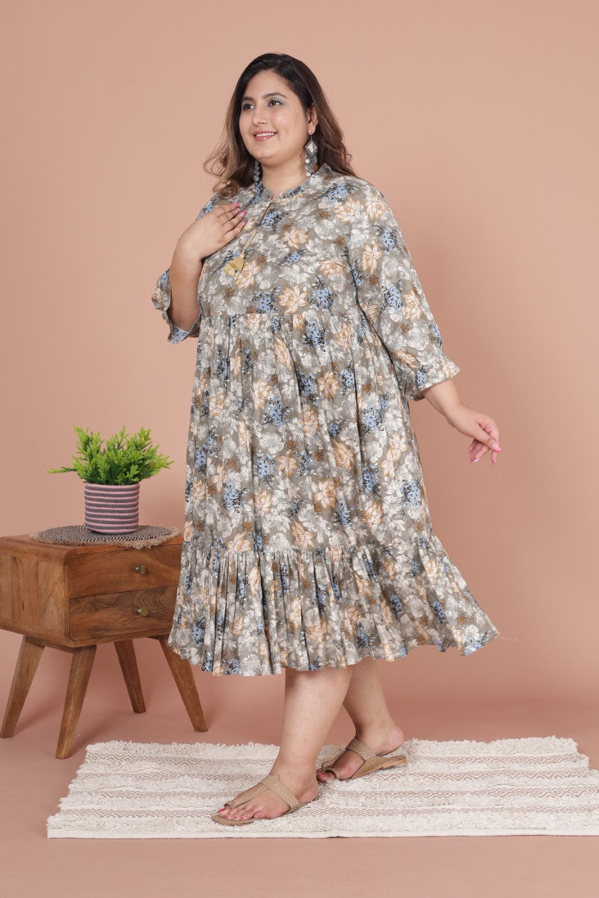 Plus Size Grey Cotton Blend Flared Frock Style -600012