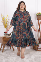 Plus Size Green Cotton Blend Flared Frock Style-600013