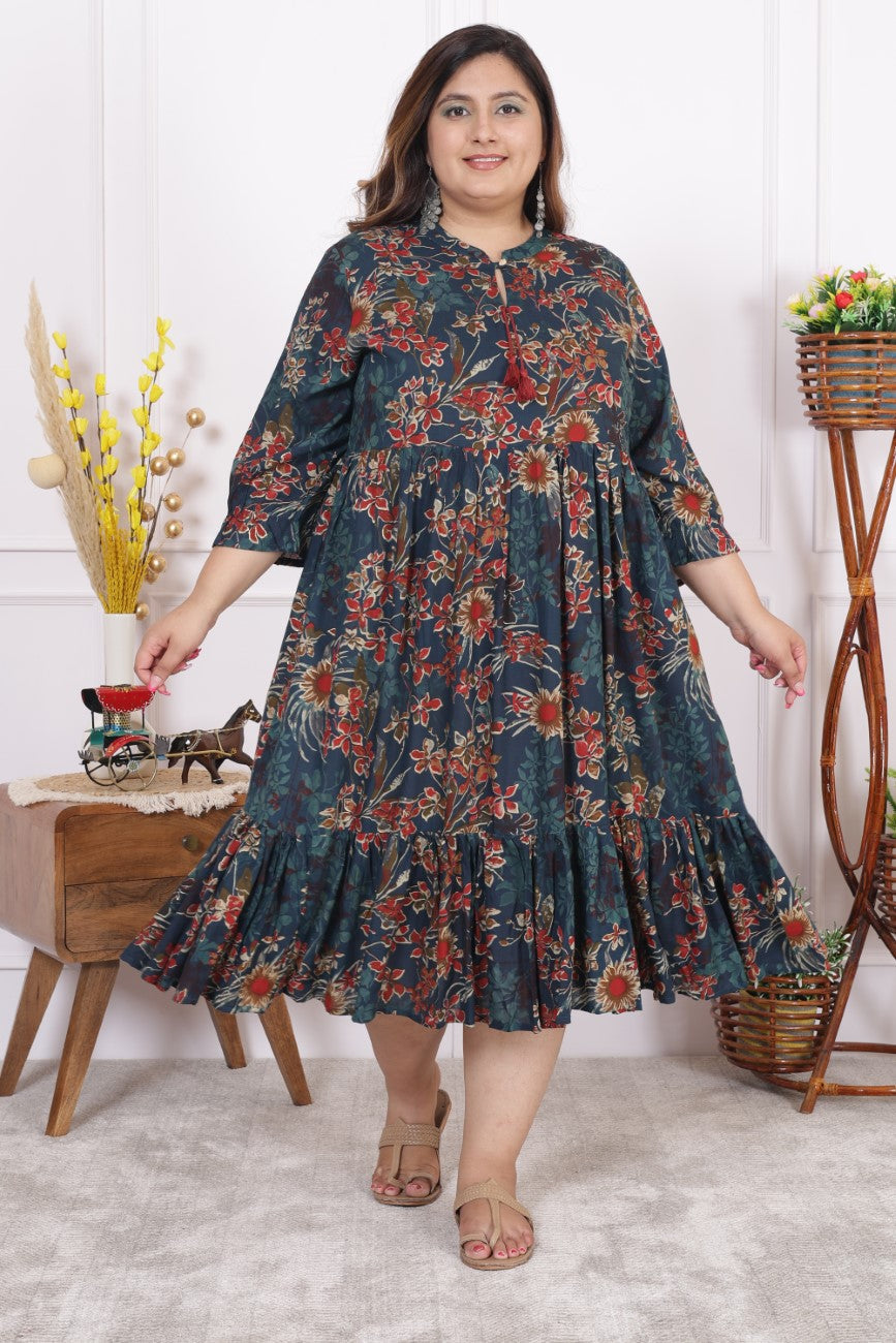 Plus Size Green Cotton Blend Flared Frock Style-600013