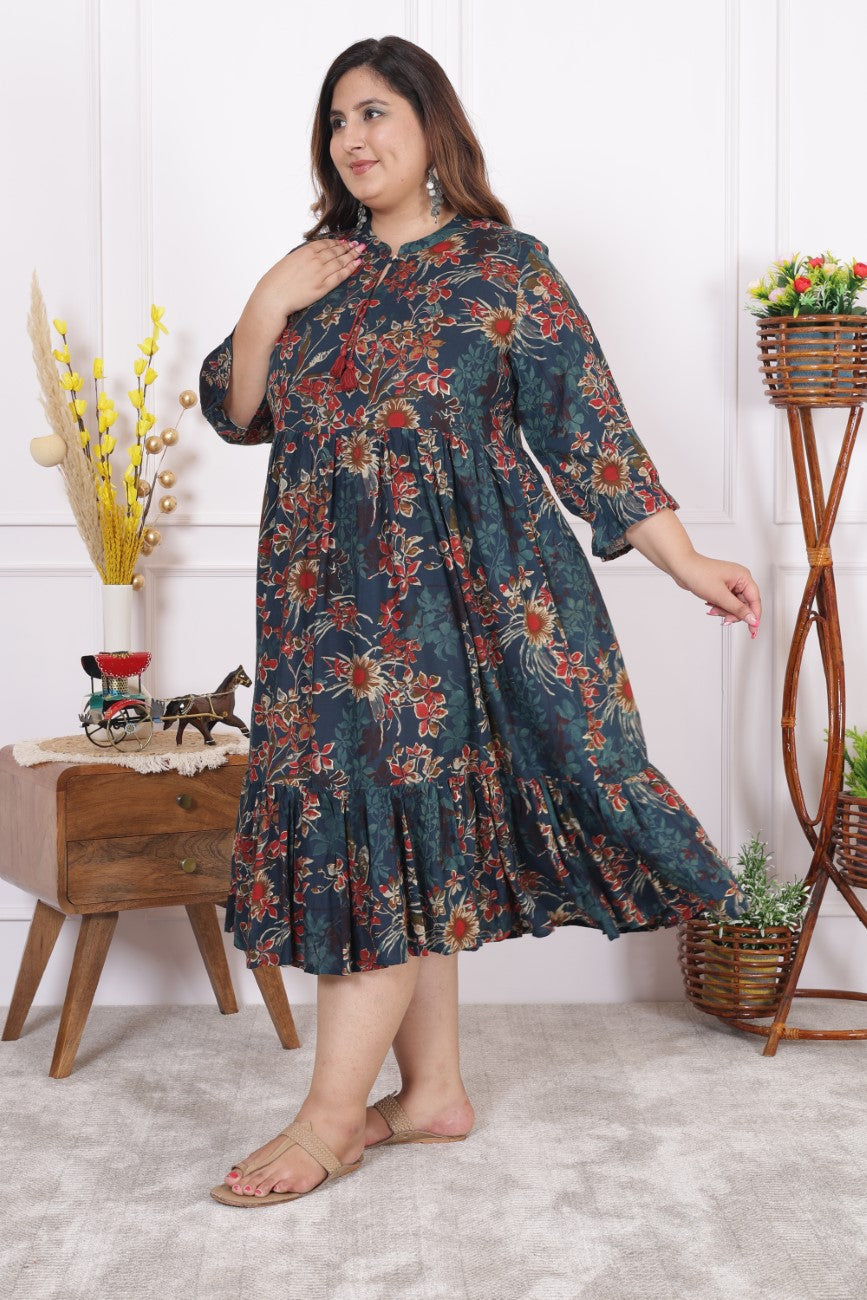 Plus Size Green Cotton Blend Flared Frock Style-600013
