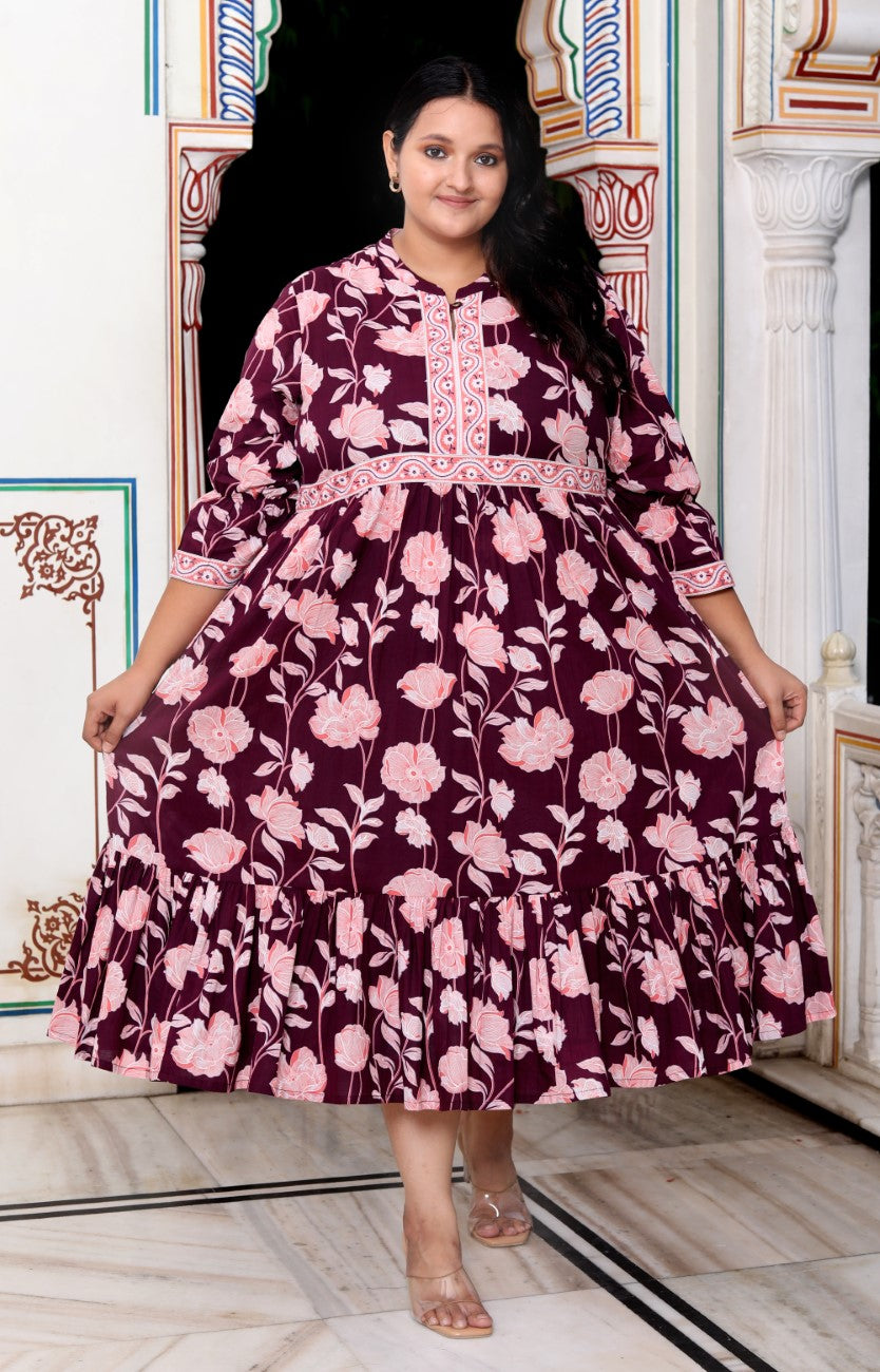 Plus Size Purple Cotton Flared Frock Style-600014 Main image